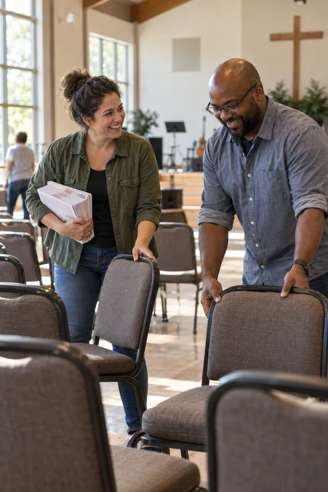 Illustrative scene of church volunteers preparing chairs and programs before a service.