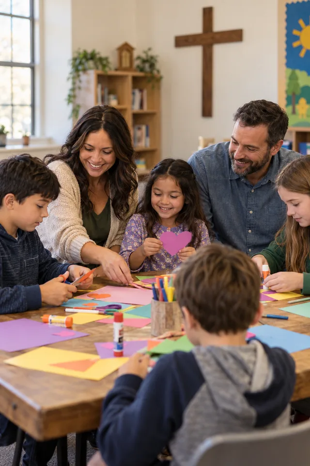 Illustrative scene of adult ministry volunteers helping children with a classroom craft.