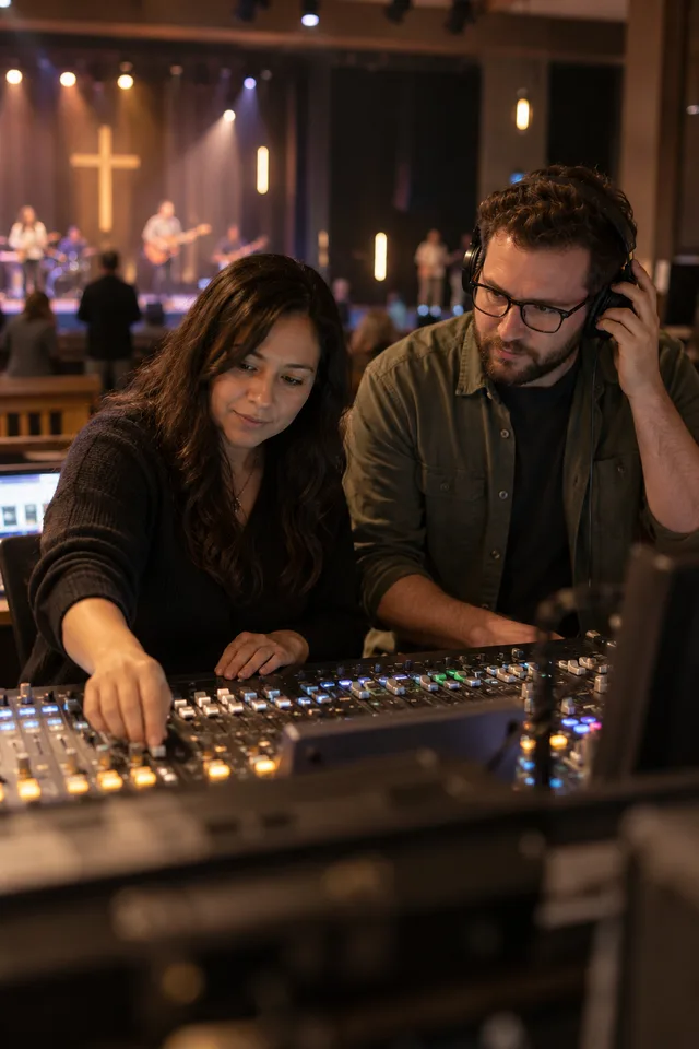 Illustrative scene of church production volunteers working together at an audio mixing console.
