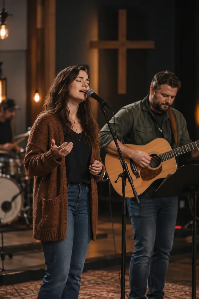 Illustrative scene of a singer and acoustic guitarist rehearsing on a church stage.