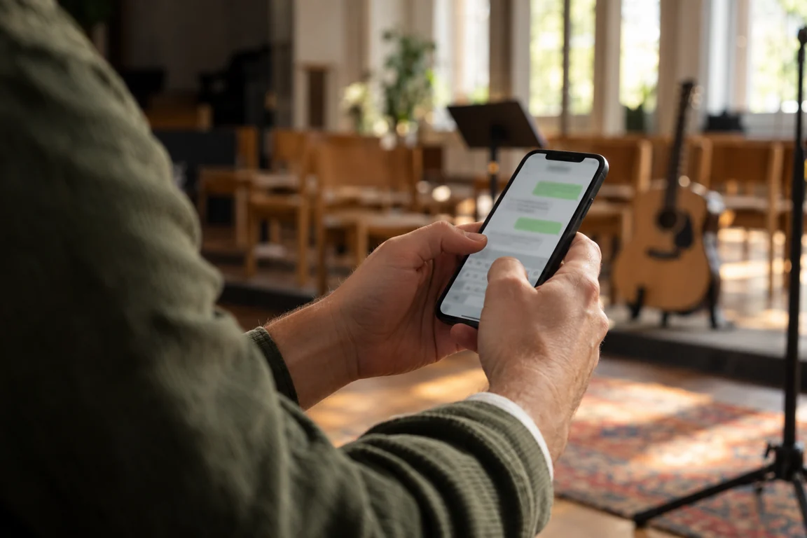 A volunteer holding a phone and replying to a text during church music rehearsal, with a guitar and music stands nearby.